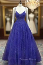 Royal Blue Prom Dresses, A-line V Neck Spaghetti Straps Long/Floor-Length Tulle Prom Dresses With Appliqued Beading Glitter