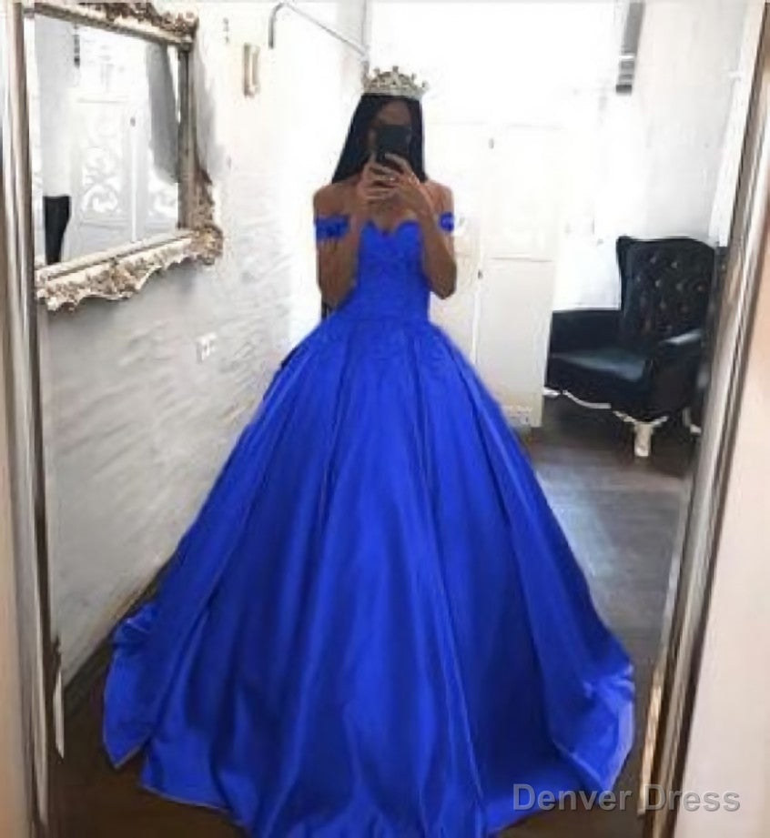 Royal Blue Prom Dress Satin,Off the Shoulder Appliqued Quinceanera Dresses Sweep Train Main image