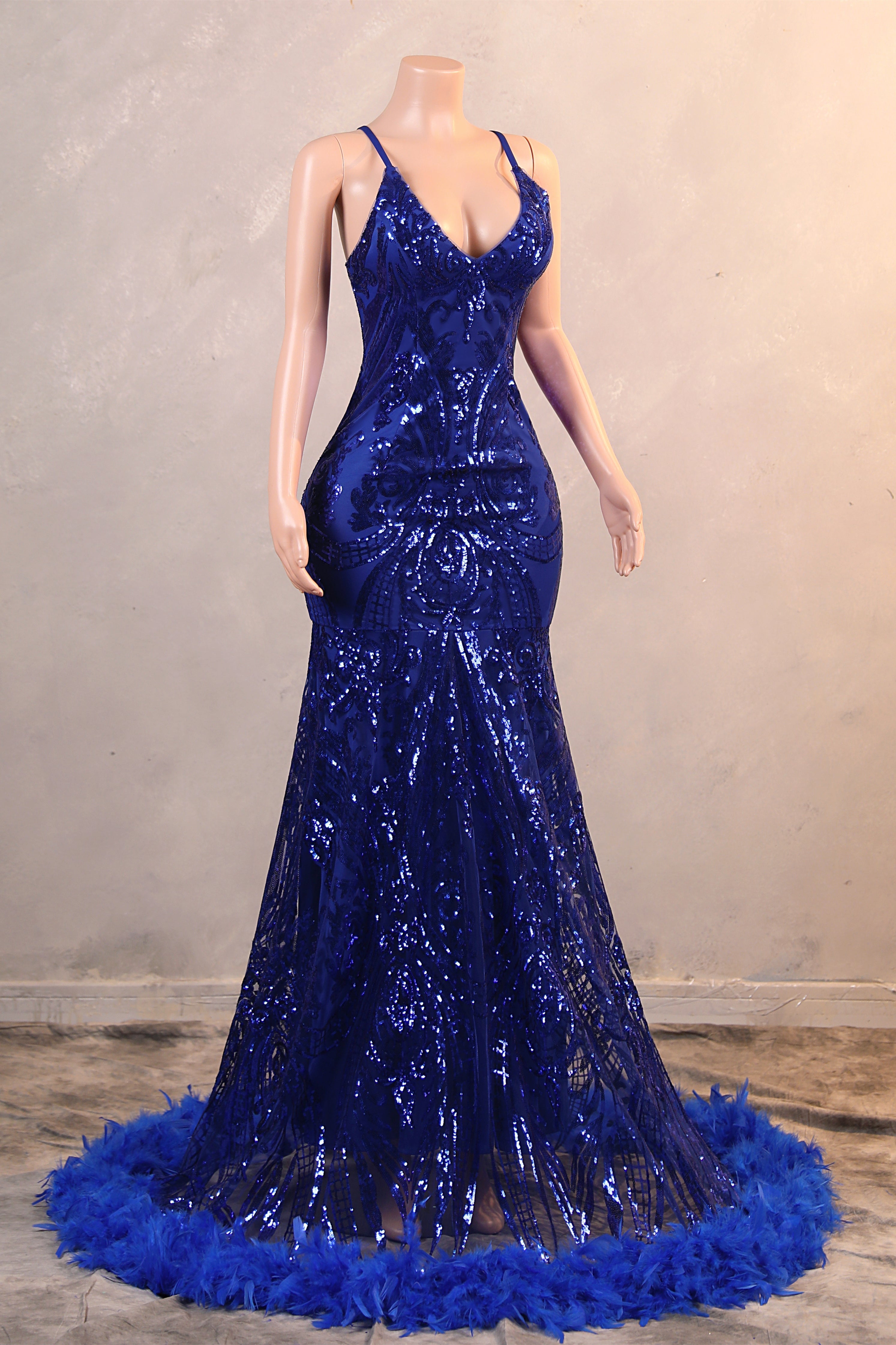 Royal Blue Prom Dresses Sequin Mermaid Long Evening Dresses Floor Length Sleeveless Spaghetti Strap with Feather Main image