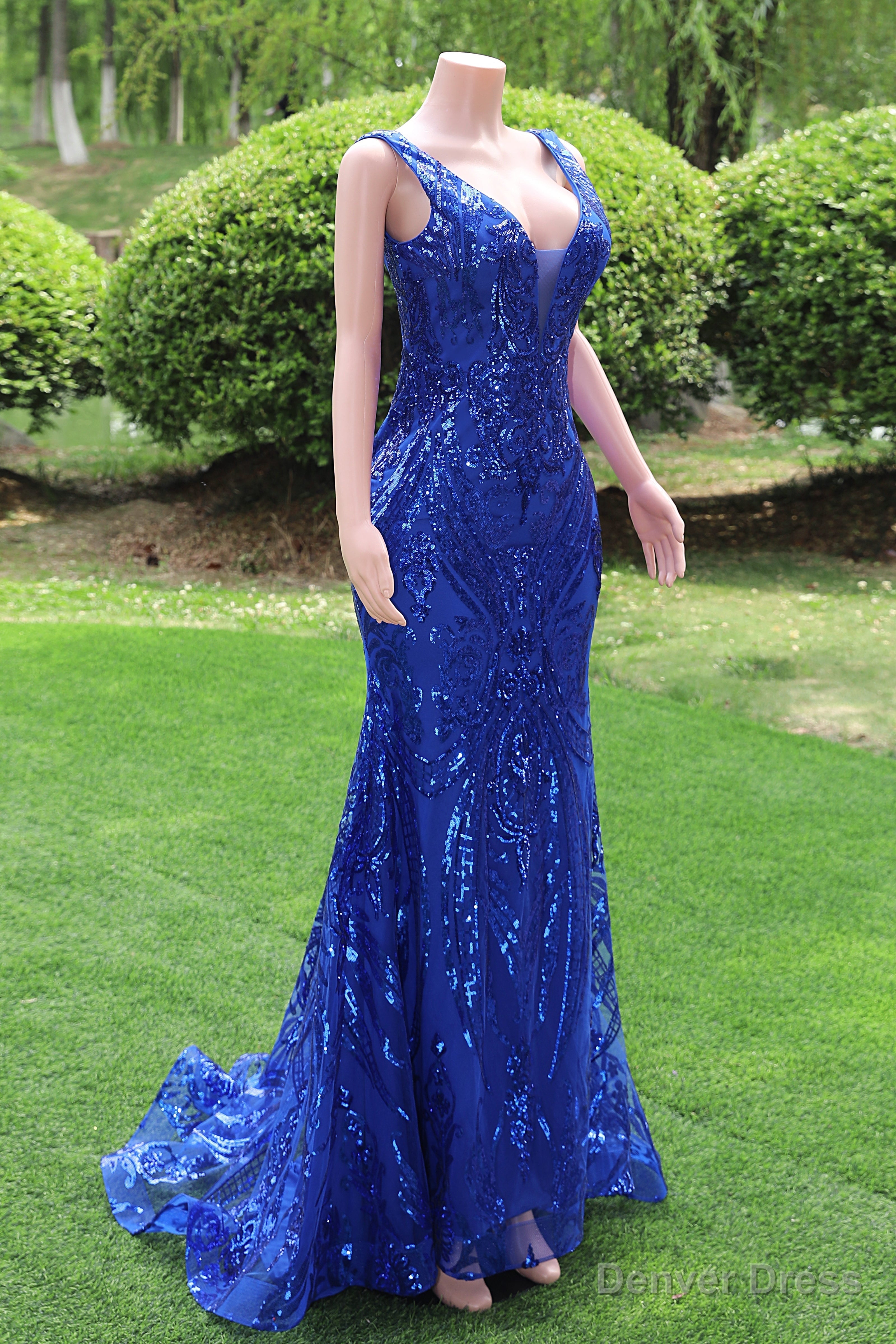 Royal Blue Prom Dresses Sequins V Neck Mermaid Women Evening Dresses Sleeveless Secondary image