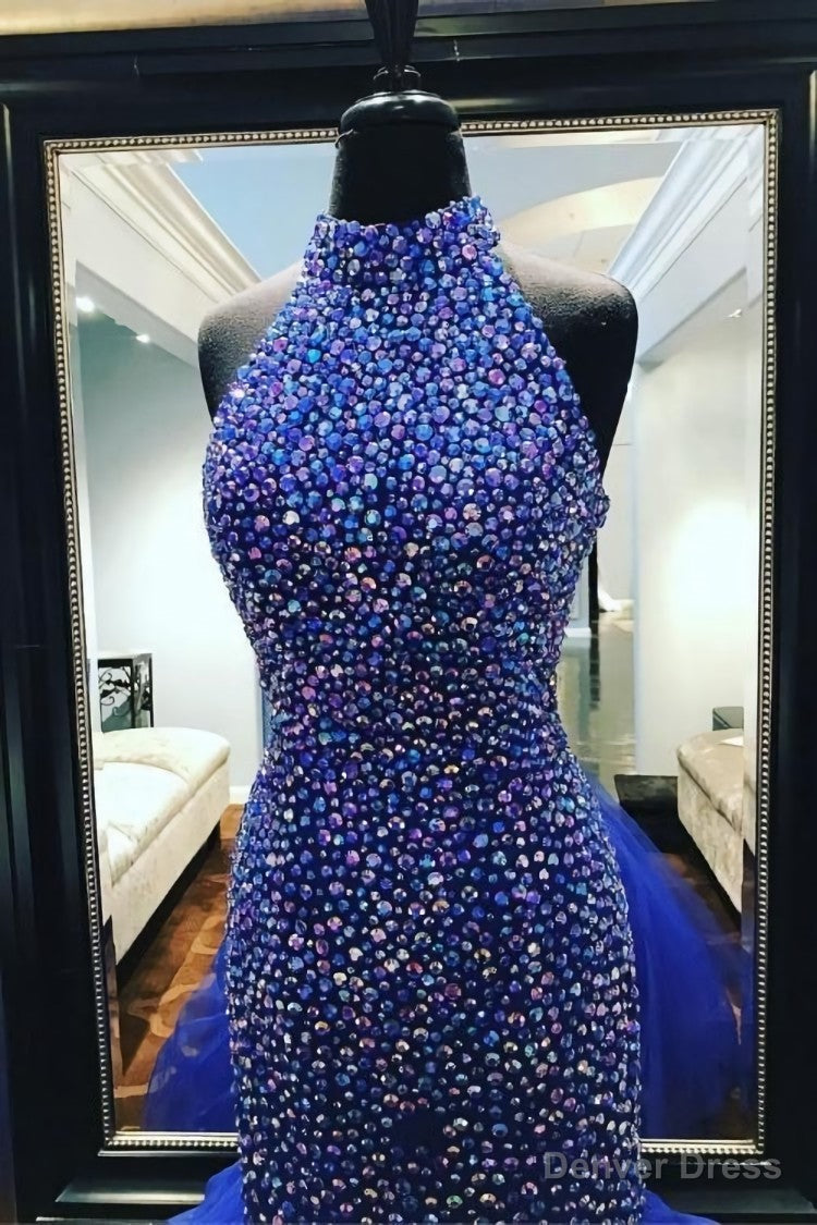 Royal Blue Rhinestones Prom Dress Mermaid Tulle Skirt,Celebrity Dress