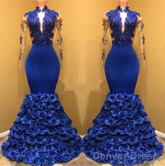 Royal Blue Robe De Soiree Mermaid Long Sleeves Flowers Lace Beaded Sexy Long Party Prom Dresses Prom Gown Evening Dresses