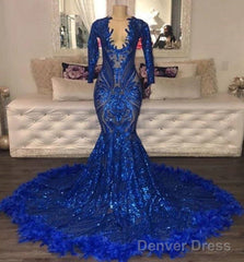 Royal Blue Robe De Soiree Mermaid V-Neck Long Sleeves Appliques Feather Long Prom Dresses Prom Gown Evening Dresses