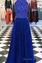Royal Blue Round Neck Long Prom Dress, Blue Evening Dress