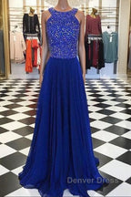 Royal Blue Round Neck Long Prom Dresses, Blue Evening Dresses
