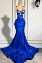 Royal Blue Round Neck Mermaid Court Train Prom Dresses