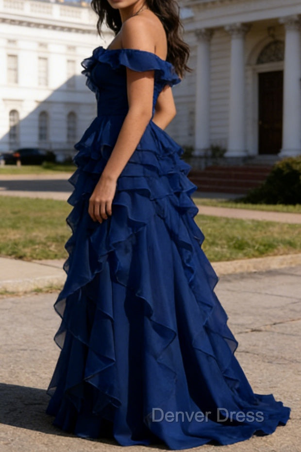 Royal Blue Ruffled A-Line Square Neck Long Prom Dresses Secondary image