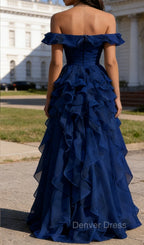 Royal Blue Ruffled A-Line Square Neck Long Prom Dresses