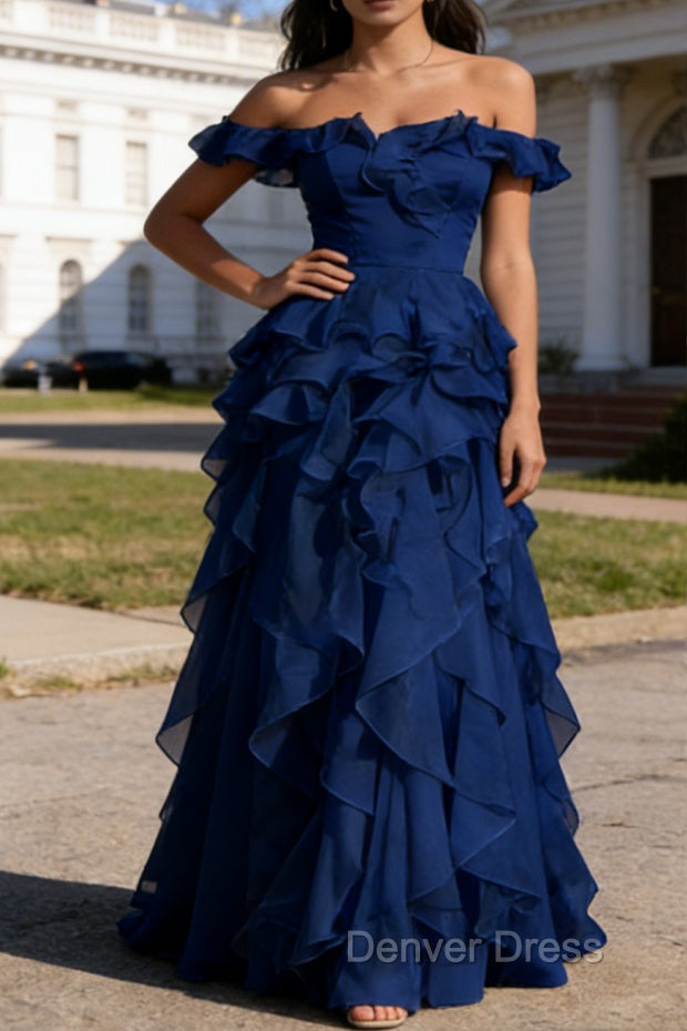 Royal Blue Ruffled A-Line Square Neck Long Prom Dresses