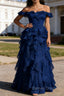 Royal Blue Ruffled A-Line Square Neck Long Prom Dresses