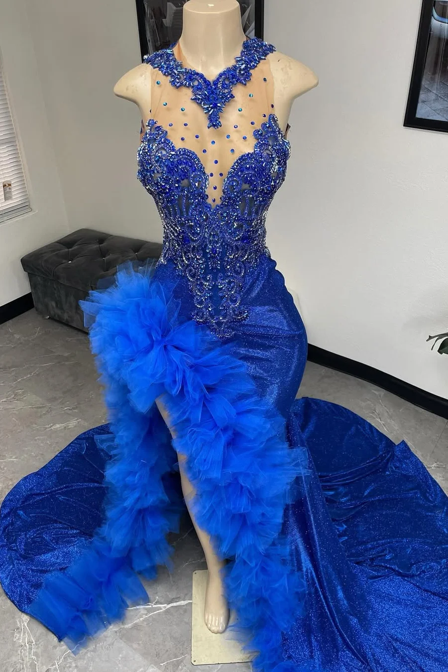 Royal Blue Ruffles High Split Court Train Sleeveless Hugh Neck Prom Dresses Secondary image