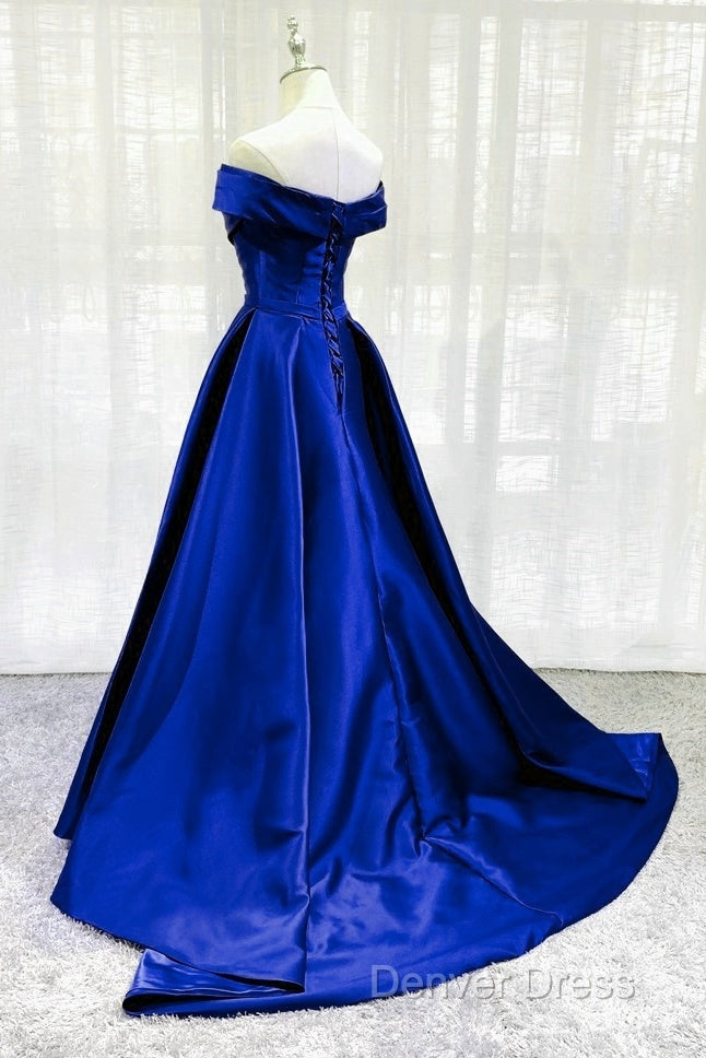 Royal Blue Satin A-Line Long Party Dresses, Simple Long Prom Dresses Evening Dresses