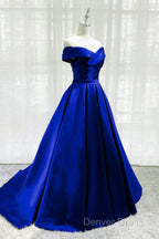Royal Blue Satin A-Line Long Party Dresses, Simple Long Prom Dresses Evening Dresses
