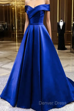 Royal Blue Satin A-Line Long Party Dresses, Simple Long Prom Dresses Evening Dresses