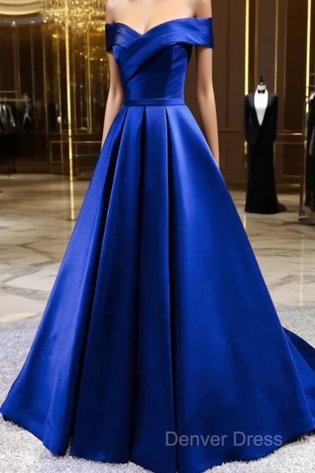 Royal Blue Satin A-Line Long Party Dresses, Simple Long Prom Dresses Evening Dresses
