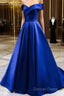Royal Blue Satin A-Line Long Party Dresses, Simple Long Prom Dresses Evening Dresses