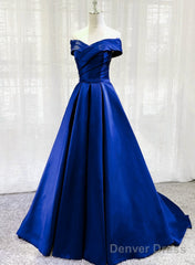 Royal Blue Satin A-Line Long Party Dress, Simple Long Prom Dress Evening Dress