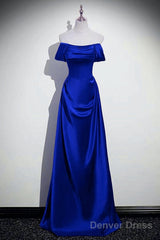 Royal Blue Satin A-Line Simple Long Party Dress, Royal Blue Satin Floor Length Prom Dress