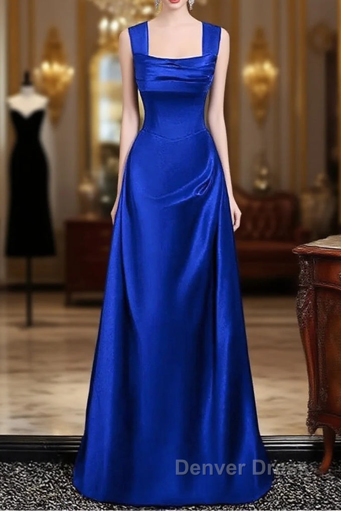 Royal Blue Satin A-Line Simple Long Party Dresses, Royal Blue Satin Floor Length Prom Dresses Main image