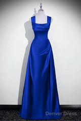 Royal Blue Satin A-Line Simple Long Party Dress, Royal Blue Satin Floor Length Prom Dress