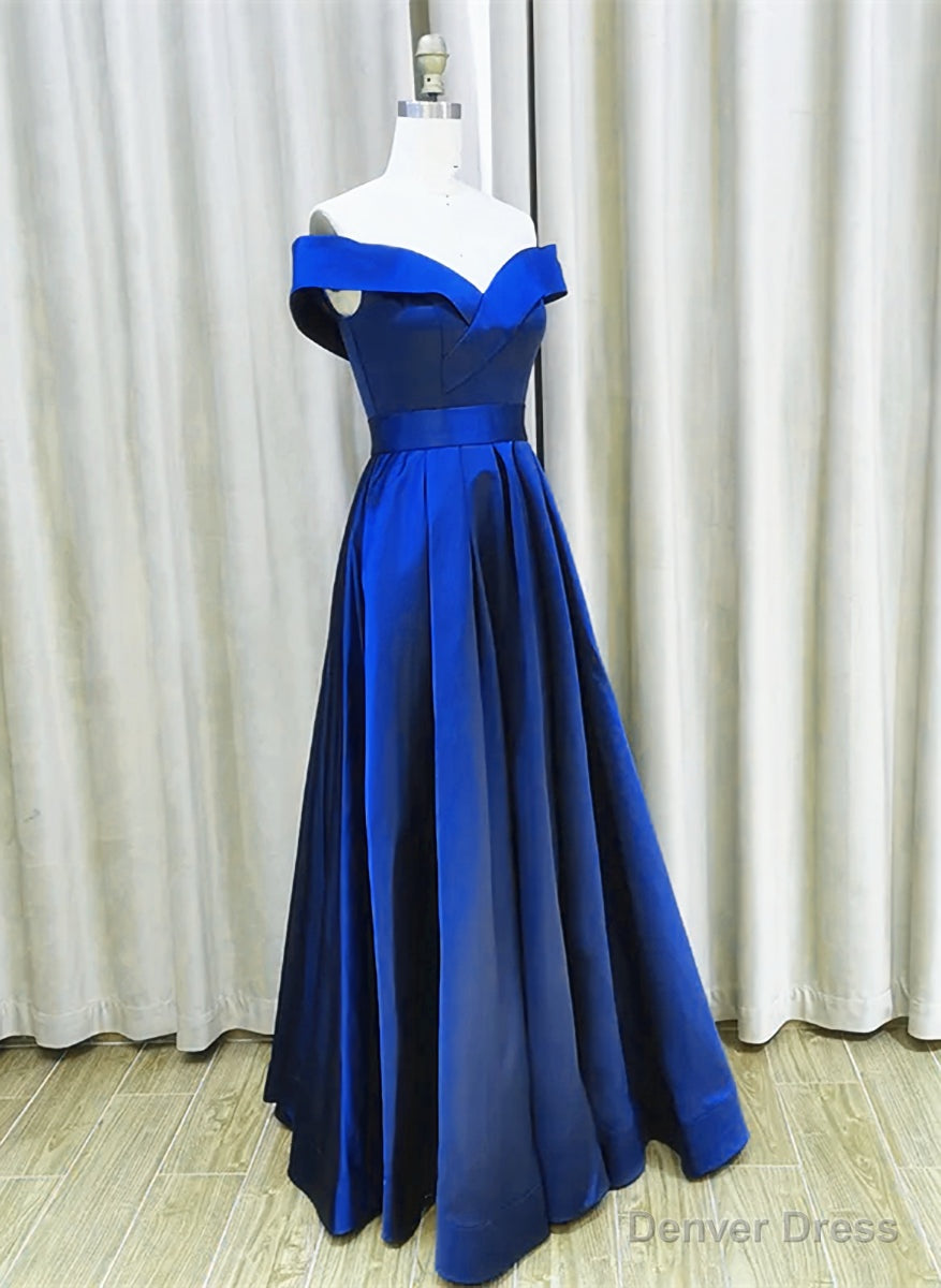 Royal Blue Satin A Line Simple Off Shoulder Prom Dress, Blue Bridesmaid Dresses Main image