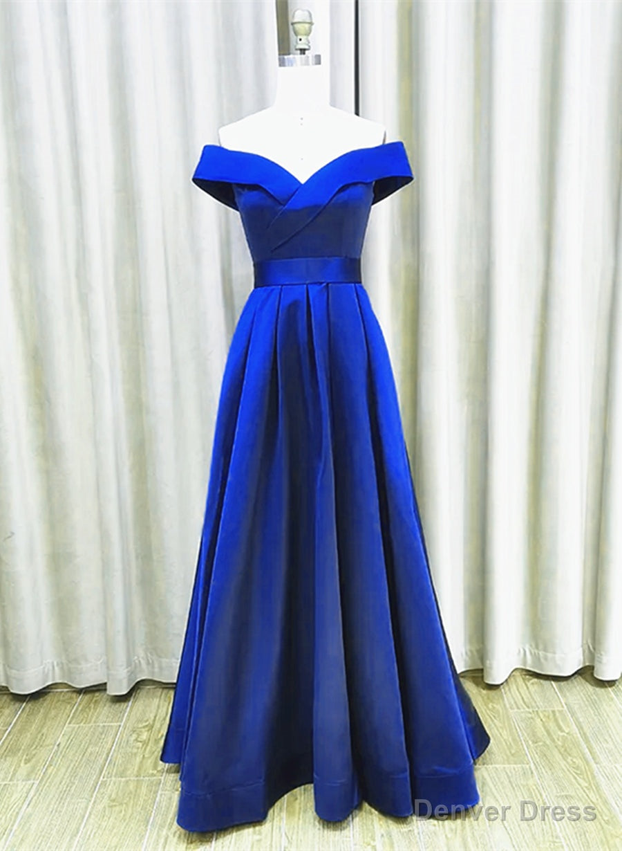 Royal Blue Satin A Line Simple Off Shoulder Prom Dress, Blue Bridesmaid Dresses Secondary image