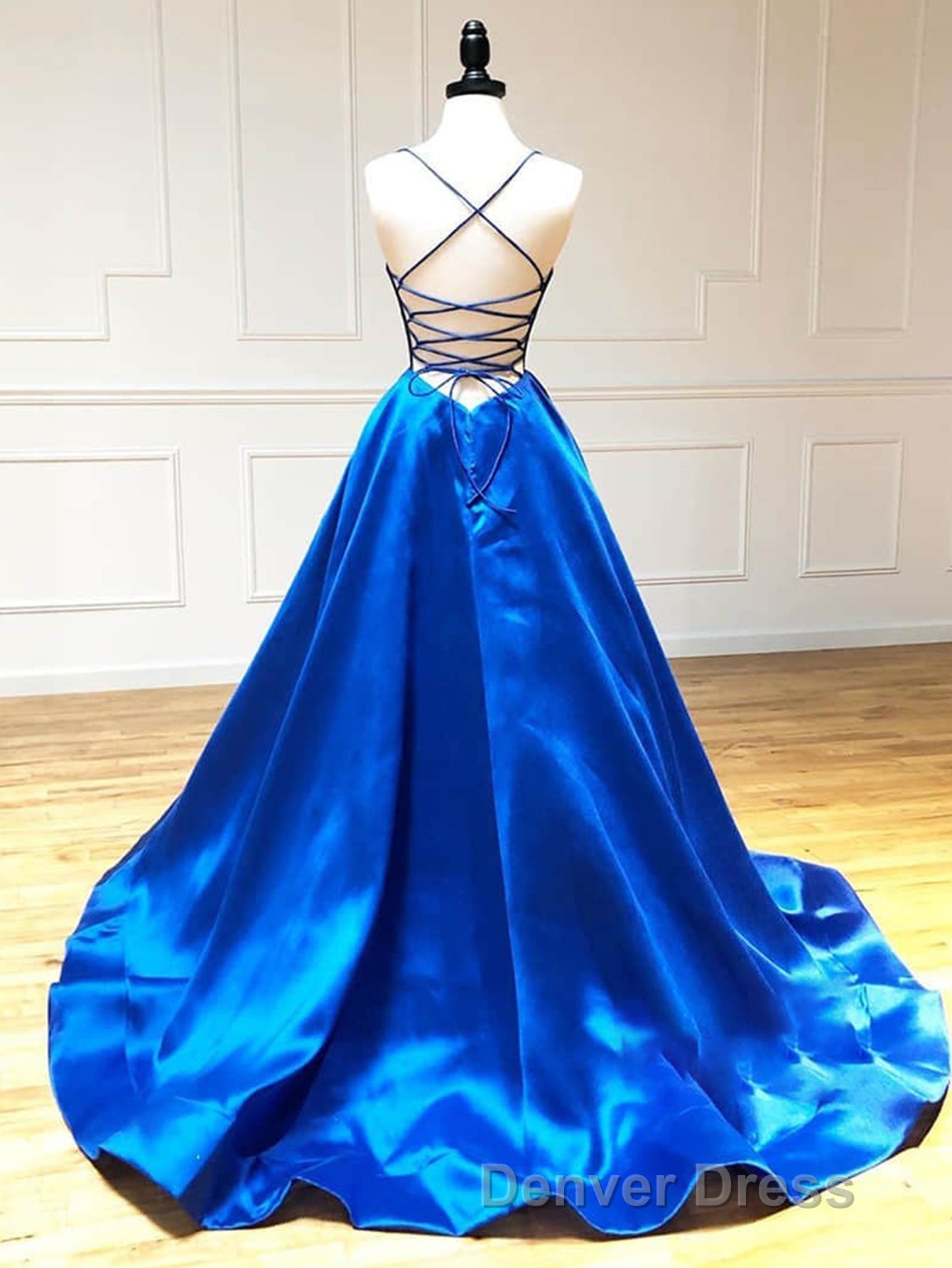 Royal Blue Satin A Line V Neck Long Prom Dresses Secondary image