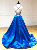 Royal Blue Satin A Line V Neck Long Prom Dresses
