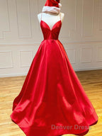 Royal Blue Satin A Line V Neck Long Prom Dresses