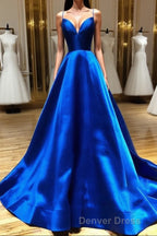 Royal Blue Satin A Line V Neck Long Prom Dresses