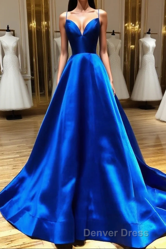 Royal Blue Satin A Line V Neck Long Prom Dresses