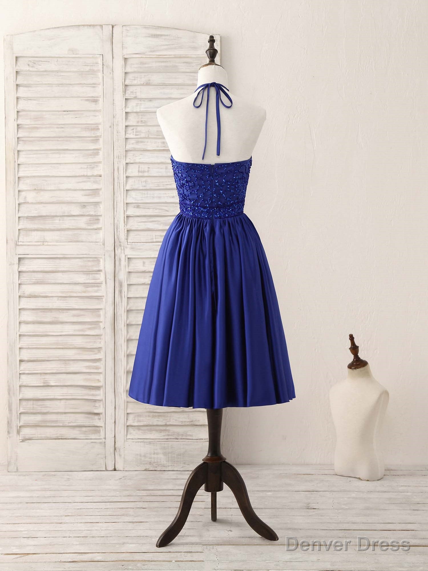 Royal Blue Satin Beads Short Prom Dress Blue Homecoming Dresses