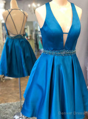 Royal Blue Satin Deep V-neck Backless Homecoming Dress