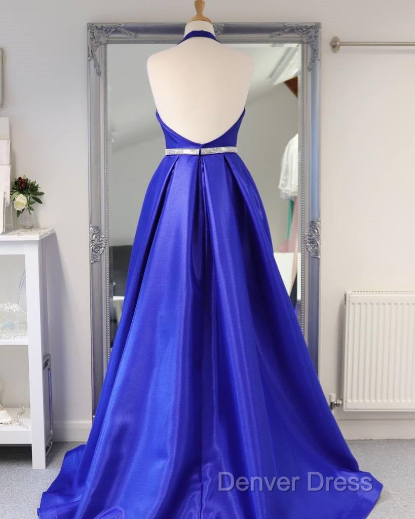 Royal Blue Satin Deep V Neck Simple Long Prom Dresses Backless Party Dresses