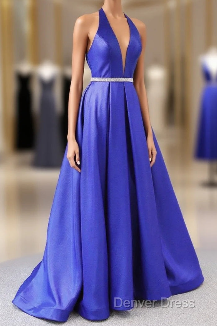 Royal Blue Satin Deep V Neck Simple Long Prom Dresses Backless Party Dresses