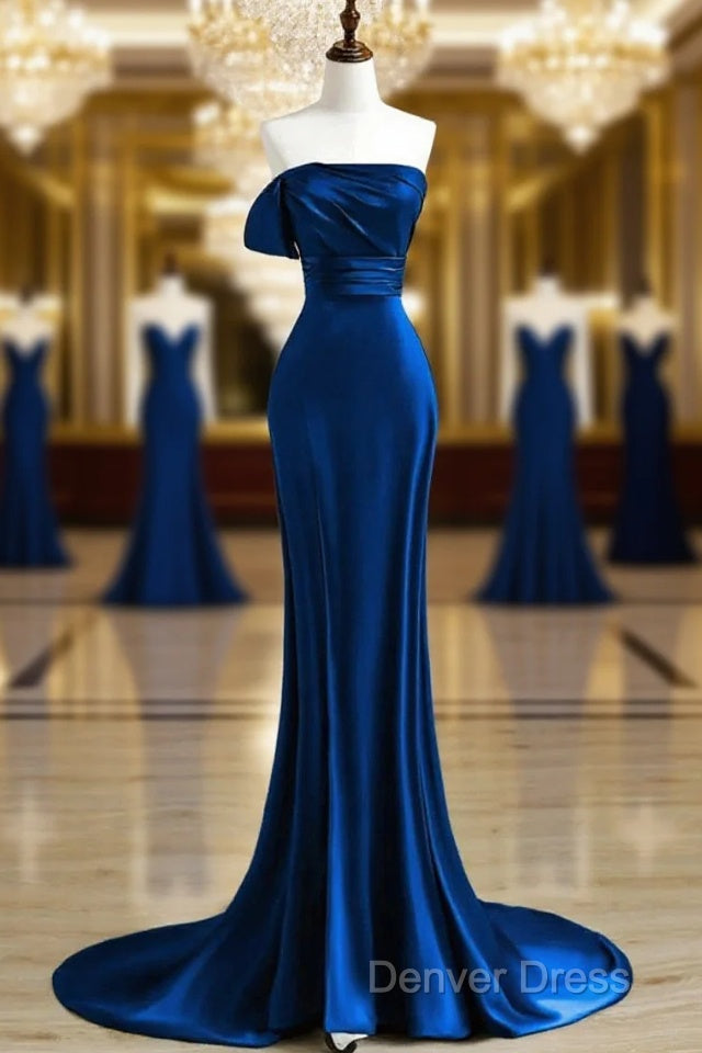 Royal Blue Satin Mermaid Scoop Long Party Dresses, Royal Blue Prom Dresses Main image