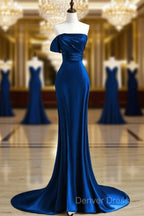Royal Blue Satin Mermaid Scoop Long Party Dresses, Royal Blue Prom Dresses