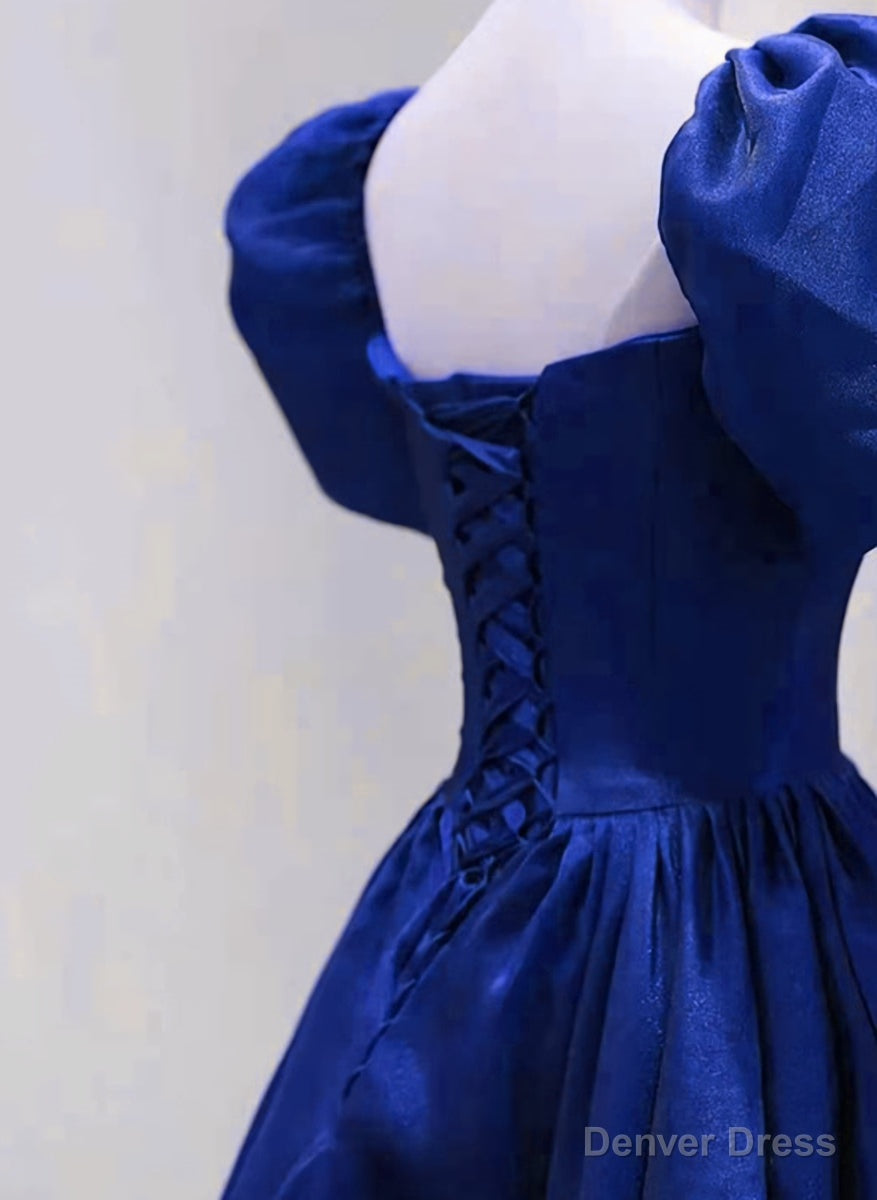 Royal Blue Satin Short Sleeves Wedding Prom Dress, Royal Blue Prom Dress Secondary image