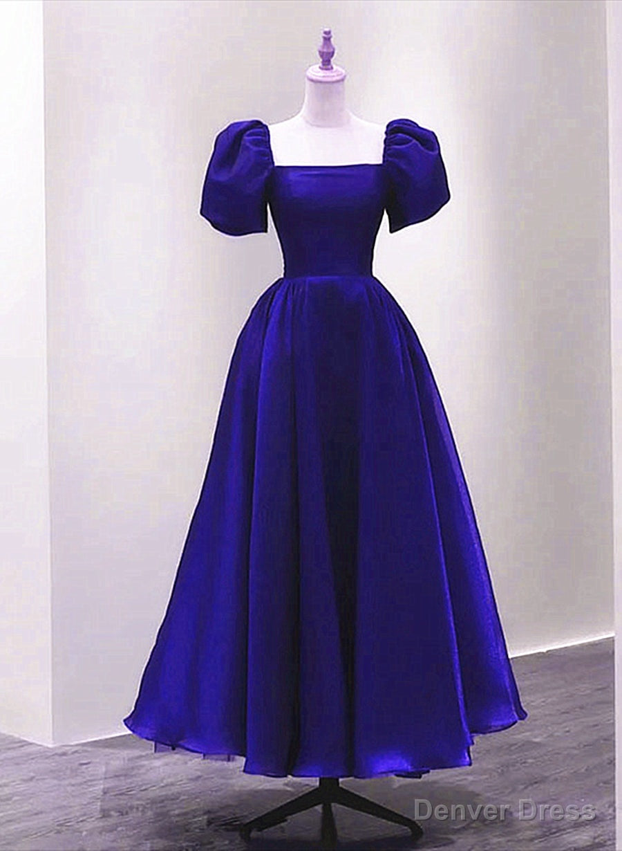 Royal Blue Satin Short Sleeves Wedding Party Dress, Royal Blue Party Dress Prom Dress Main image