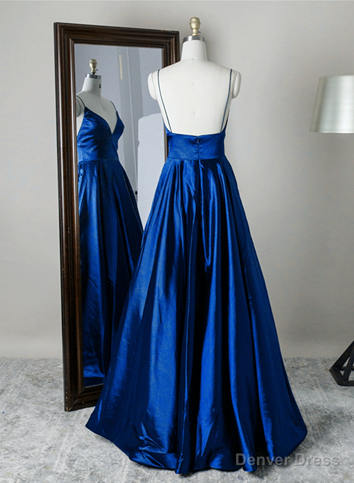 Royal Blue Satin Straps V Neckline Long Prom Dress, Royal Blue Prom Dress Secondary image