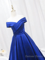 Royal Blue Satin Sweetheart Off Shoulder Long Formal Dress, A-Line Prom Dress