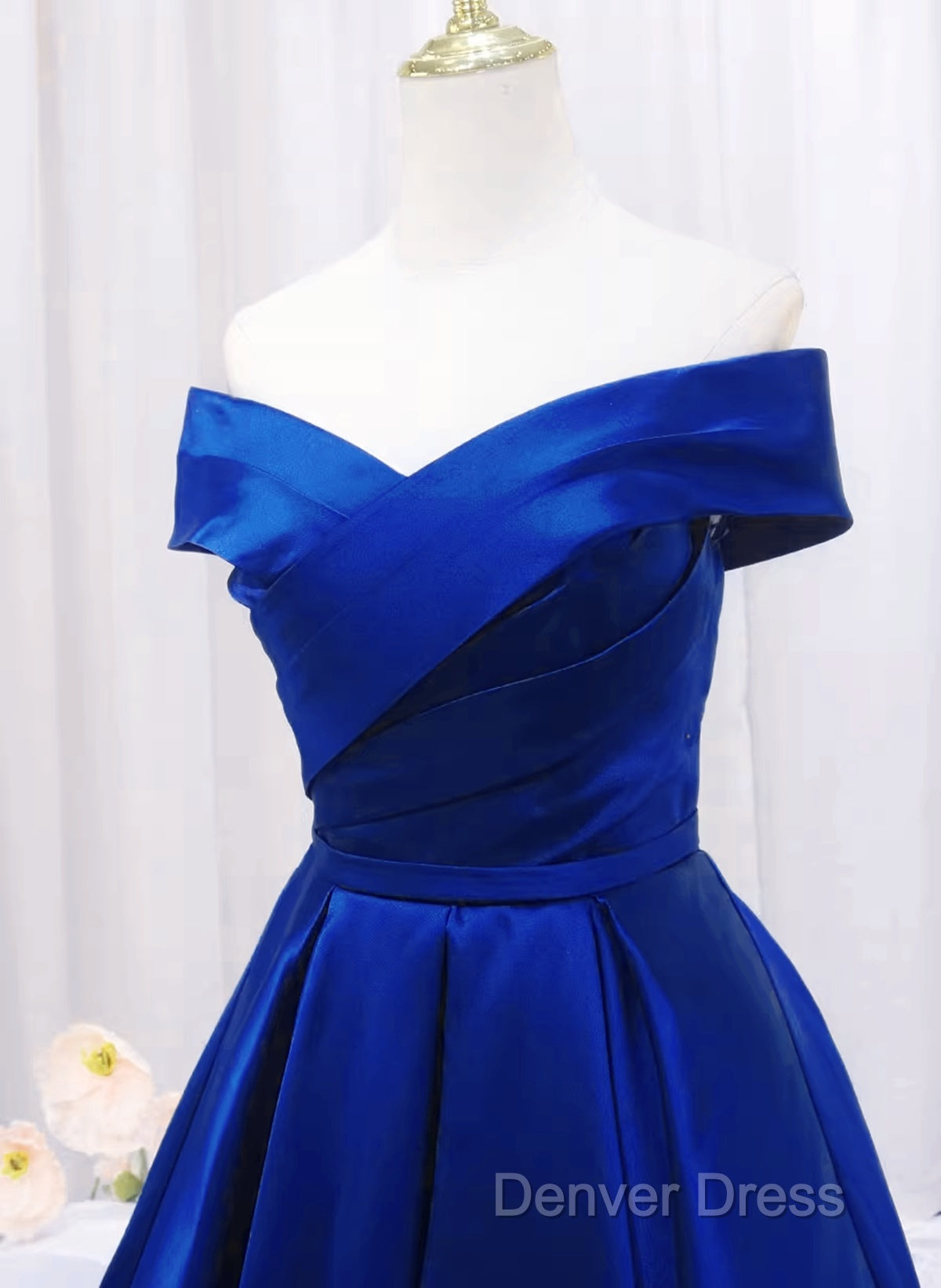 Royal Blue Satin Sweetheart Off Shoulder Long Formal Dresses, A-Line Prom Dresses