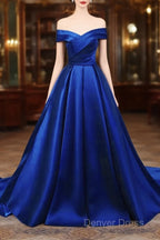 Royal Blue Satin Sweetheart Off Shoulder Long Formal Dresses, A-Line Prom Dresses