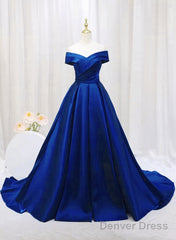 Royal Blue Satin Sweetheart Off Shoulder Long Formal Dress, A-Line Prom Dress