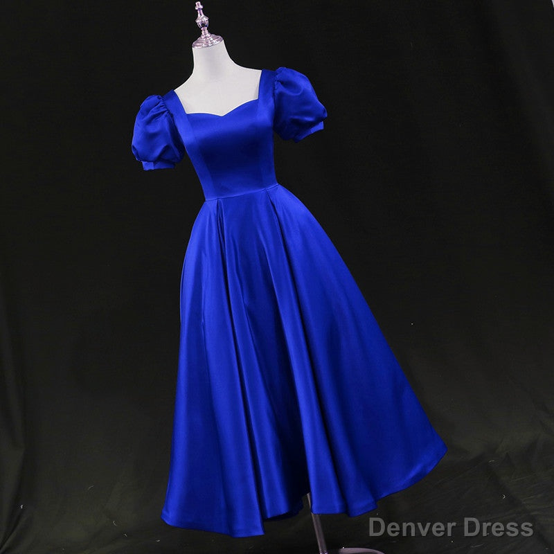 Royal Blue Satin Tea Length Wedding Prom Dress, Blue Prom Homecoming Dresses Main image