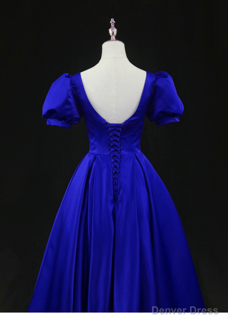 Royal Blue Satin Tea Length Wedding Party Dress, Blue Prom Homecoming Dress