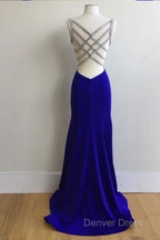 Royal Blue Satin V Neck Mermaid Prom Dresses With Cross Back