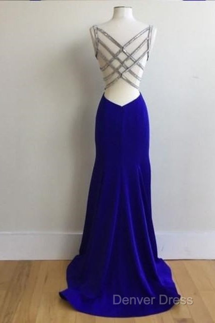 Royal Blue Satin V Neck Mermaid Prom Dresses With Cross Back