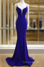 Royal Blue Satin V Neck Mermaid Prom Dresses With Cross Back