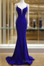 Royal Blue Satin V Neck Mermaid Prom Dresses With Cross Back